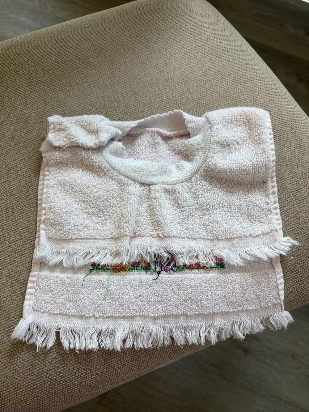 Vintage handmade White Baby Bib with Cross-Stitch Yellow Chicks